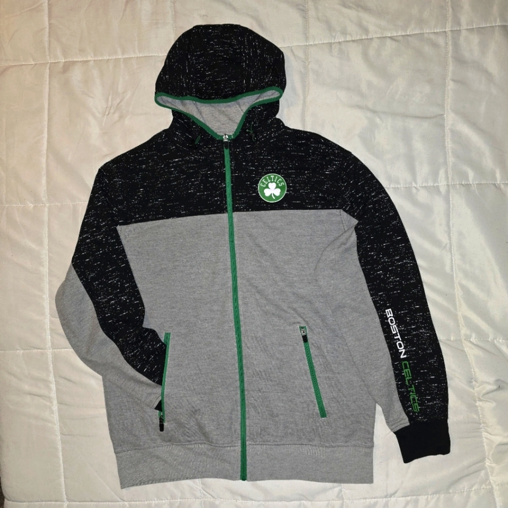 NBA Boston Celtics Gray and Black Zip-Up Hoodie with Green Accents